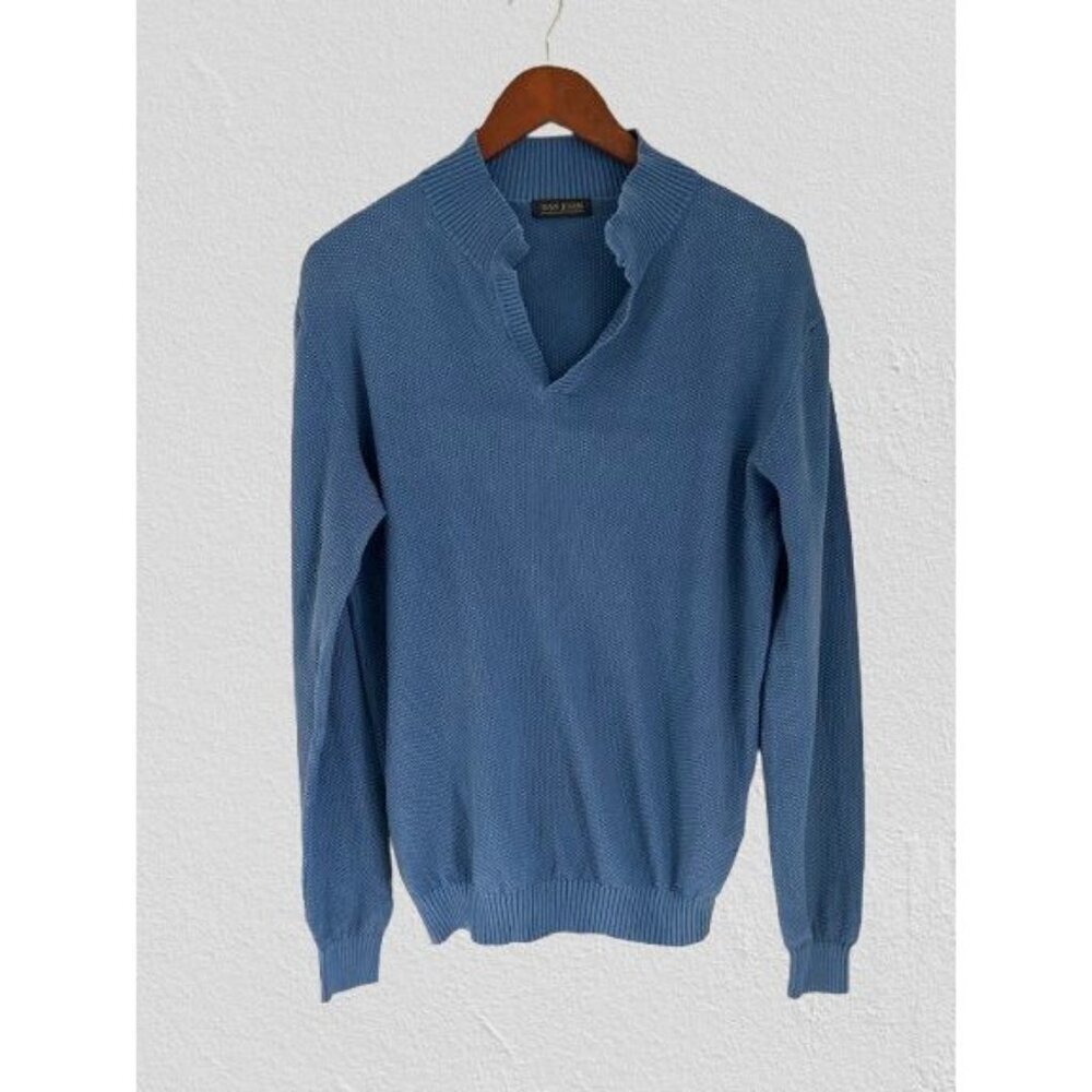 Dan John Blue Textured V-Neck Long Sleeve Pullover Sweater For Men
